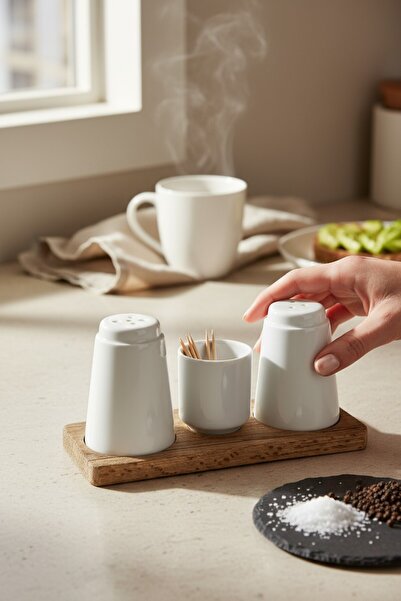 qtahya homes queen of kütahya Ahşap Standlı Tuzluk Biberlik Kürdanlık Seti Porselen 3'lü