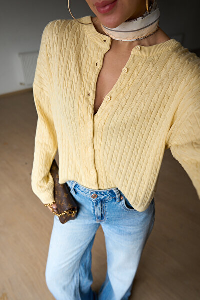 LOOSH Kadın Sarı Bisiklet Yaka Saç Örgü Dokulu Basic Hırka