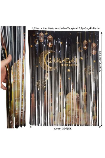 partidolu Siyah Altın Renk Ramazan Mübarek Yazılı Temalı Folyo Kapı Perdesi 1,35 mt x1 mt