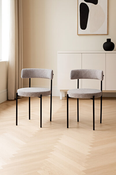 Atolye Casa Gini Sandalye Siyah Ayak Kahve Gri Kumaş 2 Adet