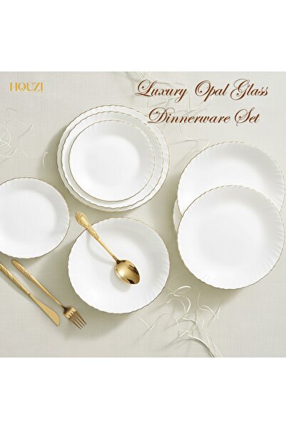 Houzi 16 Pcs Gold line Opal ware Dinner set 4 Dinner plate 4 Dessert plate 4 Bowl 4 Soup spoon