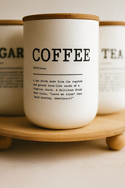 Bohemian Bambu Vakum Kapaklı Cam Kavanoz Seti (Sugar – Coffee – Tea) + Top Ayaklı Bambu Sunumluk