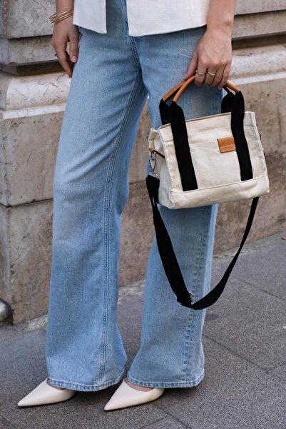 Mopia Siyah Krem Kadın Kanvas Çapraz Askılı Tote Çanta