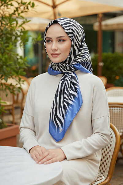 Onur وشاح تويل نمط الحمار الوحشي نمط الحرير 90 × 90 سم (أزرق دينم)