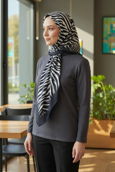 Onur Eșarfă din twill cu model zebră 90x90cm mătase (NEGRĂ)