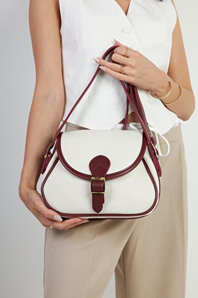 Mopia حقيبة كروس كبيرة الحجم من القماش باللون العنابي الكريمي