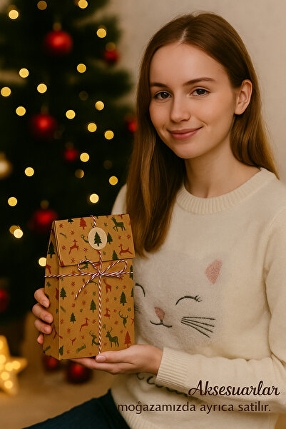 Dekals 20 Adet 13x24 cm Kraft Yılbaşı Desenli Dik Duran Hediye Kutusu Ambalaj Paketi