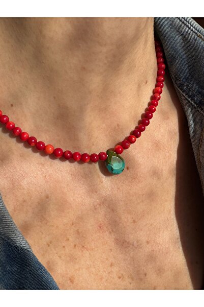 Medusa Accessories Damla Kesim Firuze Turkuaz Uçlu & Kırmızı Mercan Kadın Kolye | Doğal Taş El Yapımı Takı