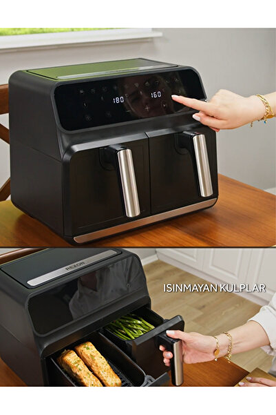 Rexon Airfryer Yağsız Fritöz XL 4+4 8 Litre Dijital Ayrı Çift Hazneli Akıllı Pişirme Geniş Hacim Siyah