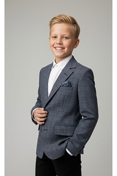 LOOKS KİDS Erkek Çocuk Spor Ekose Açık Lacivert Blazer Ceket