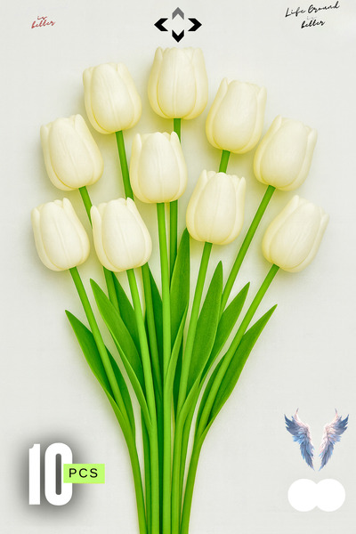 LİGROUND 10Pcs White Artificial Tulip Bridal Bouquet Vivid Flower Decorative Tulip Artificial Flower Wet Tulip