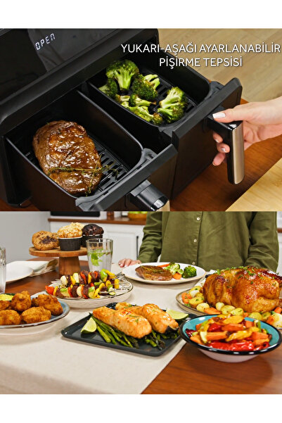 Rexon Airfryer Yağsız Fritöz XL 4+4 8 Litre Dijital Ayrı Çift Hazneli Akıllı Pişirme Geniş Hacim Siyah