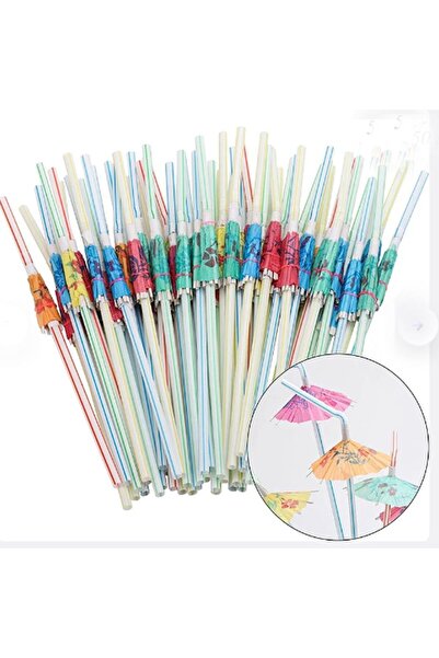 partidolu Hawaian Renkli Şemsiye Şekilli 24 Cm Plastik Körüklü Pipet 25 Adet