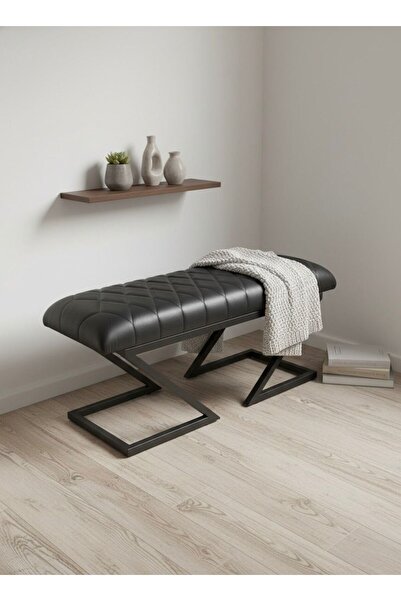 TodekHome Lux Metal Ayaklı Kapitoneli Siyah Deri Puf
