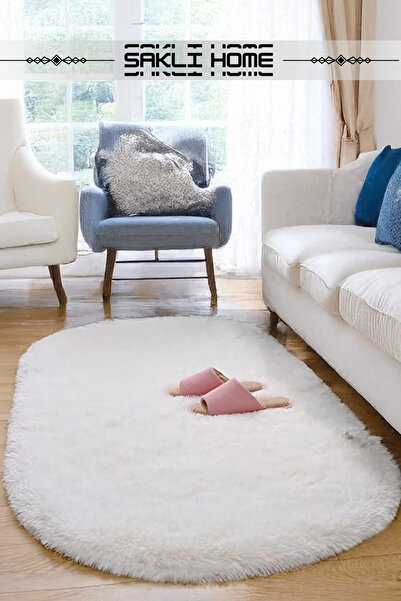 Saklı Home Beyaz Oval Post Halı Peluş Yumuşak Kaymaz Dot Taban Makinada Yıkan...