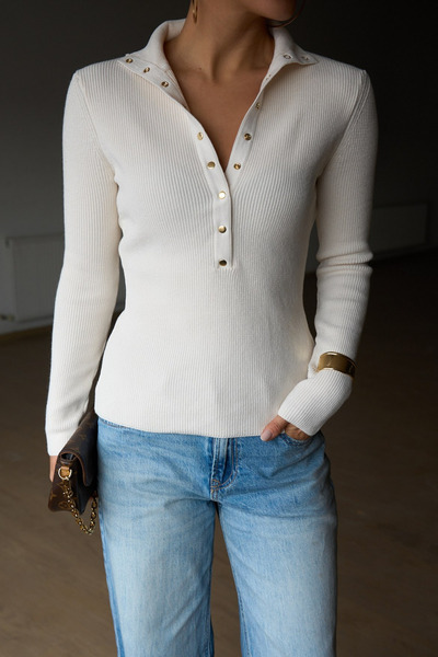 LOOSH Kadın Krem Polo Yaka Çıtçıt Kapamalı Fitilli Bluz