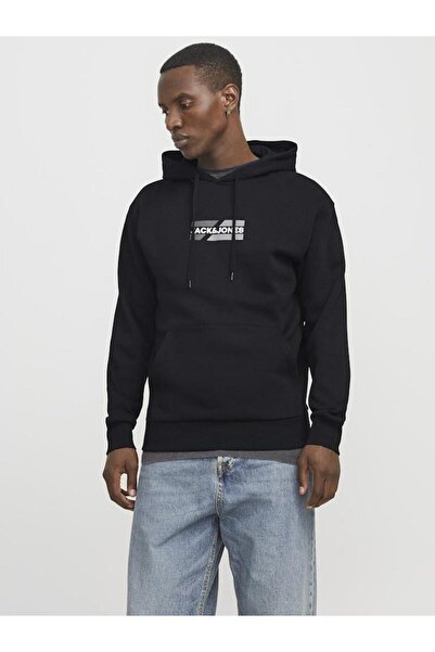 Jack & Jones Ανδρικό μαύρο φούτερ Jjcorp Graphic Sweat Hood Ln Sweatshirt 12268422-Μαύρο