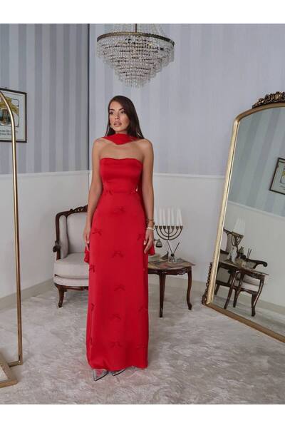 EtikaOnline Saten Kurdele Şal Detay Straplez Elbise