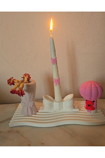 yağmur candle Romantik Dekor Seti – Beton Vazo, Kurdeleli Mumluk & Balon Figü...