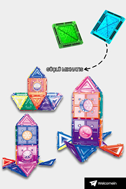 welcomein Manyetik Geometrik Bloklu 84 Parça Şekil Yapım Seti 3+ Çocuk Eğitici Zeka Geliştirici Bina Oyuncağı