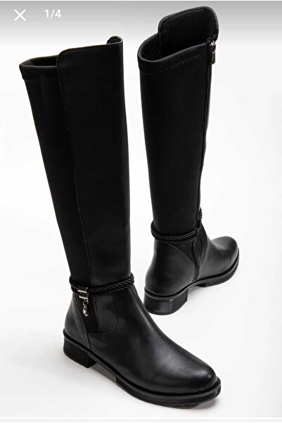 SHESTORE kadın siyah çizme dalgıç kumaş dizaltı halatlı şık ve rahat k401