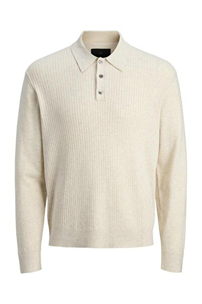 Jack & Jones Men's Beige Jprblaedgar Knit Polo Ls Shirt 12283290-Silverlin