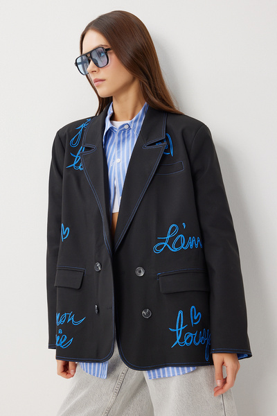 Lovelyİstanbul Túlméretezett, bélelt, hímzett szőtt kabát LRG0054 FEKETE