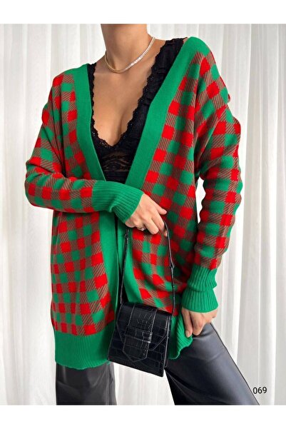 Secret Passion Lingerie New Season Double Color Plaid Patterned Buttonless Knitwear Women's Long Cardigan 069