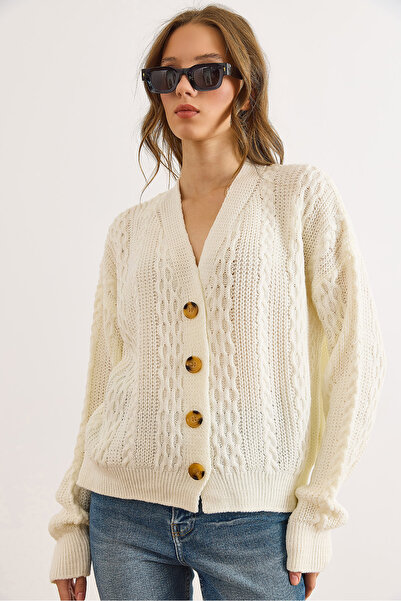 Olalook Women's White Hair Knit Detailed V-Neck Knitwear Cardigan Hrk-19000434