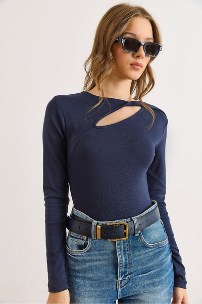 Olalook Women's Navy Blue Cotton Modal Drop Neckline Stretchy Blouse Blz-19003130