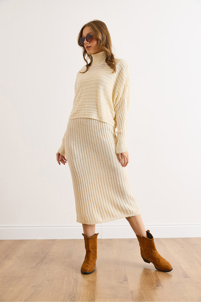 Olalook Women's Ecru Batwing Sweater Dress Knitwear Set Tkm-19000454