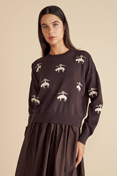 BROOKS BROTHERS Kadın Bej Melanj Yün Karışımlı Logolu Bisiklet Yaka Kazak