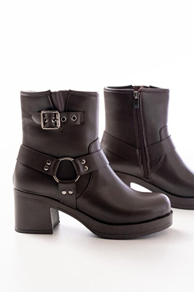 Aymood 5109-3042 Brown Buckle Accessory Zippered Thick Heeled Daily Women's Boots