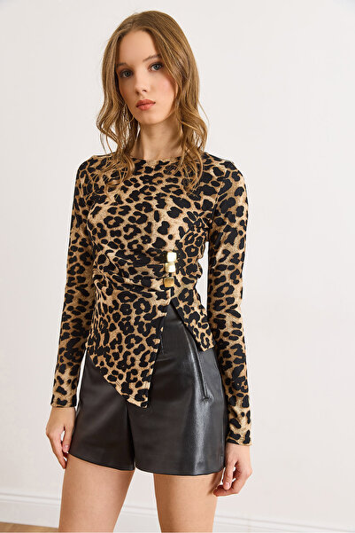 Olalook Kadın Taş Leopar Yanı Düğme Aksesuarlı Fitilli Bluz BLZ-19003149