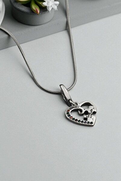 AXXION قلادة صداقة فضية مع قطعة على شكل قلب مكتوب عليها 'أصدقاء حقيقيون'