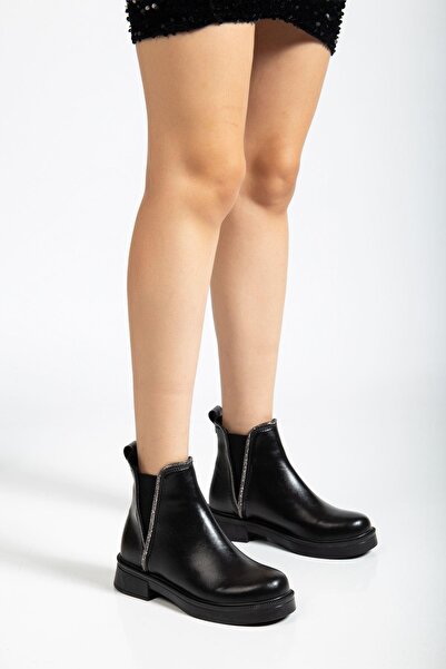 Aymood 02-02 Black Wrinkled Patent Leather Elastic Daily Women's Boots with Stone Accessories