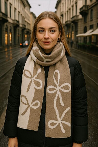 FELLMENS Γυναικείο μαντήλι από μαλλί με διπλή όψη με σχέδιο βιζόν εκρού