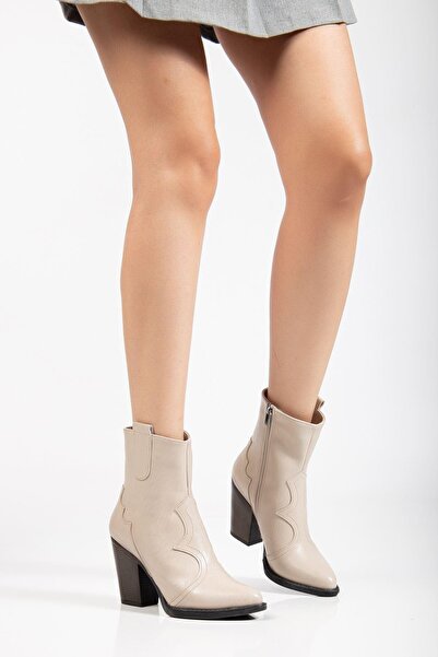 Aymood 117 Beige Cowboy Stitching Detailed Zippered High Heeled Casual Women's Boots