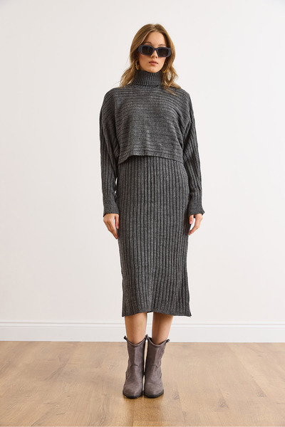 Olalook Women's Anthracite Batwing Sweater Dress Knitwear Set Tkm-19000454