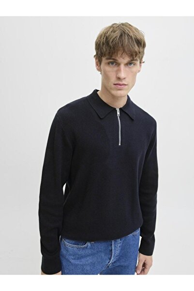 Jack & Jones Men's Navy Blue Jprblamilano Stitch Knit Zip Polo Sweater & Cardigan 12281743-Nightsky