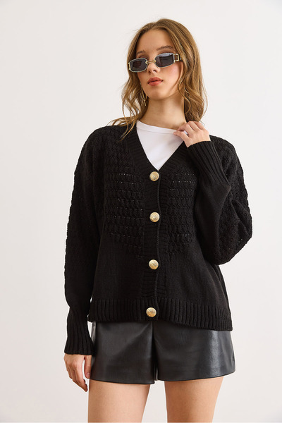 Olalook Women's Black Openwork Detailed V-Neck Knitwear Cardigan Hrk-19000436