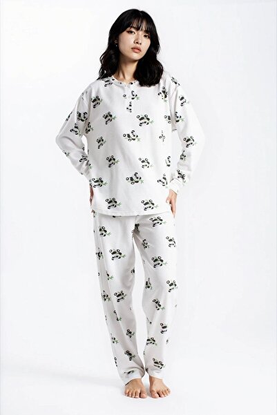 Ecrou Women's Ecru Waffle Panda Kingdom Patterned Long Sleeve Pants Pajama Set