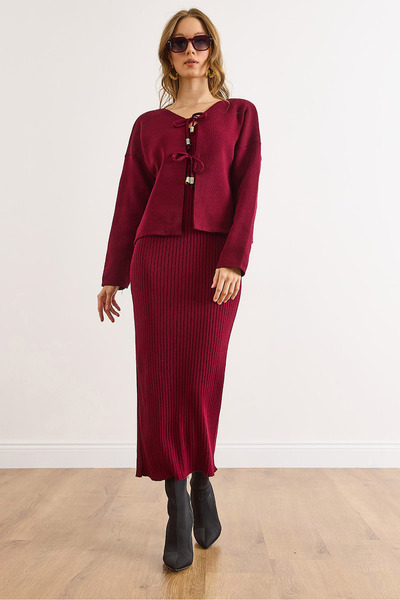 Olalook Women's Burgundy Top Cardigan Inner Dress Knitwear Set Tkm-19000456