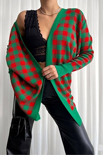bayansepeti Women's Red Green Square Patterned Long Knit Cardigan 069