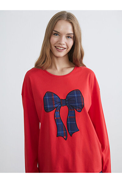 LC Waikiki guler rotund Set de pijamale pentru femei Bow cu imprimeu