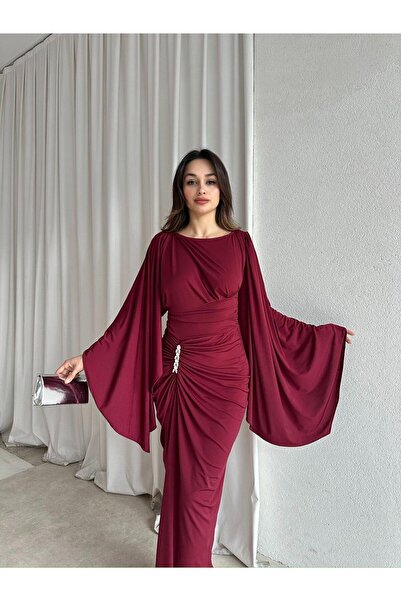 Mooi Butik ISABEL Maxi Elbise 8755 - Bordo