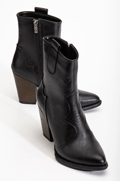 Aymood 117 Black Cowboy Stitching Detailed Zippered High Heeled Casual Women's Boots