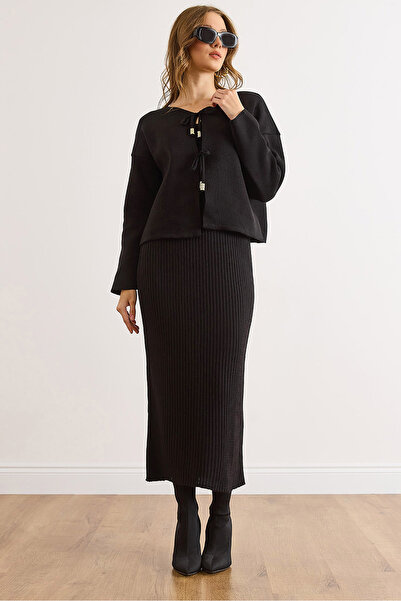 Olalook Women's Black Top Cardigan Inner Dress Knitwear Set Tkm-19000456