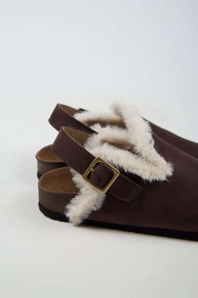 no miento Lapaz Fur Women's Vegan Leather Buckle Brown Sabo Slippers