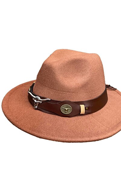Külah Camel Fedora Hat with Leather Stripe and Bull Figure